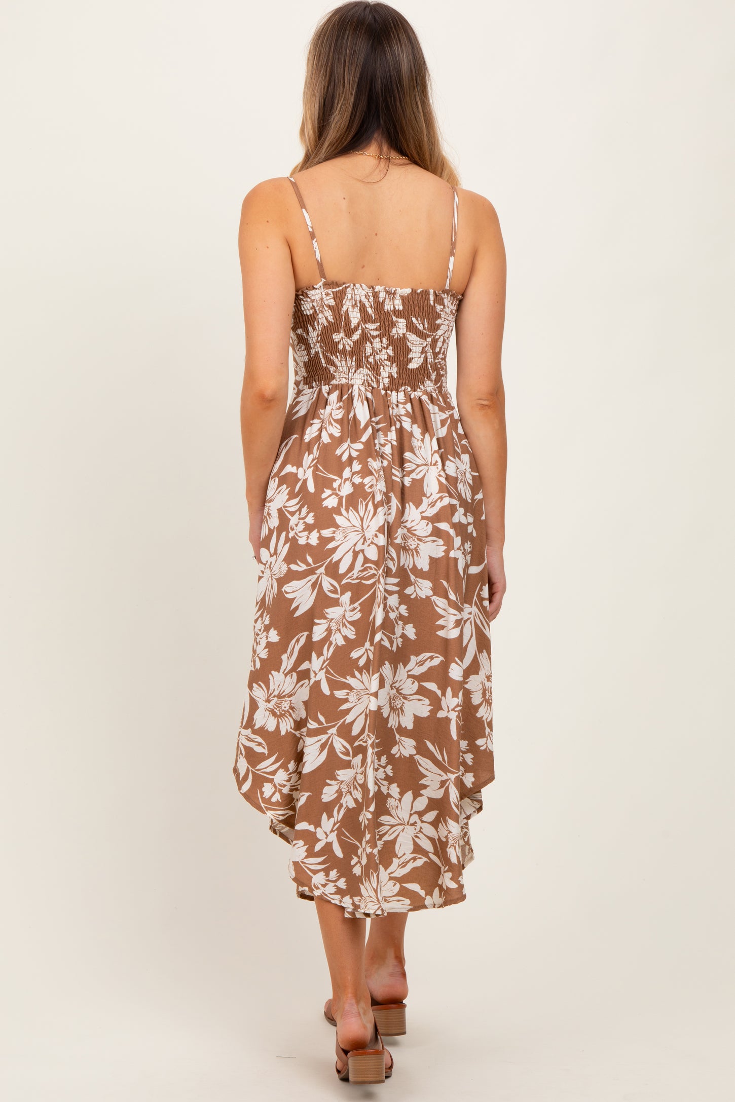 Camel Tropical Floral Front Cinch Tie Midi Dress