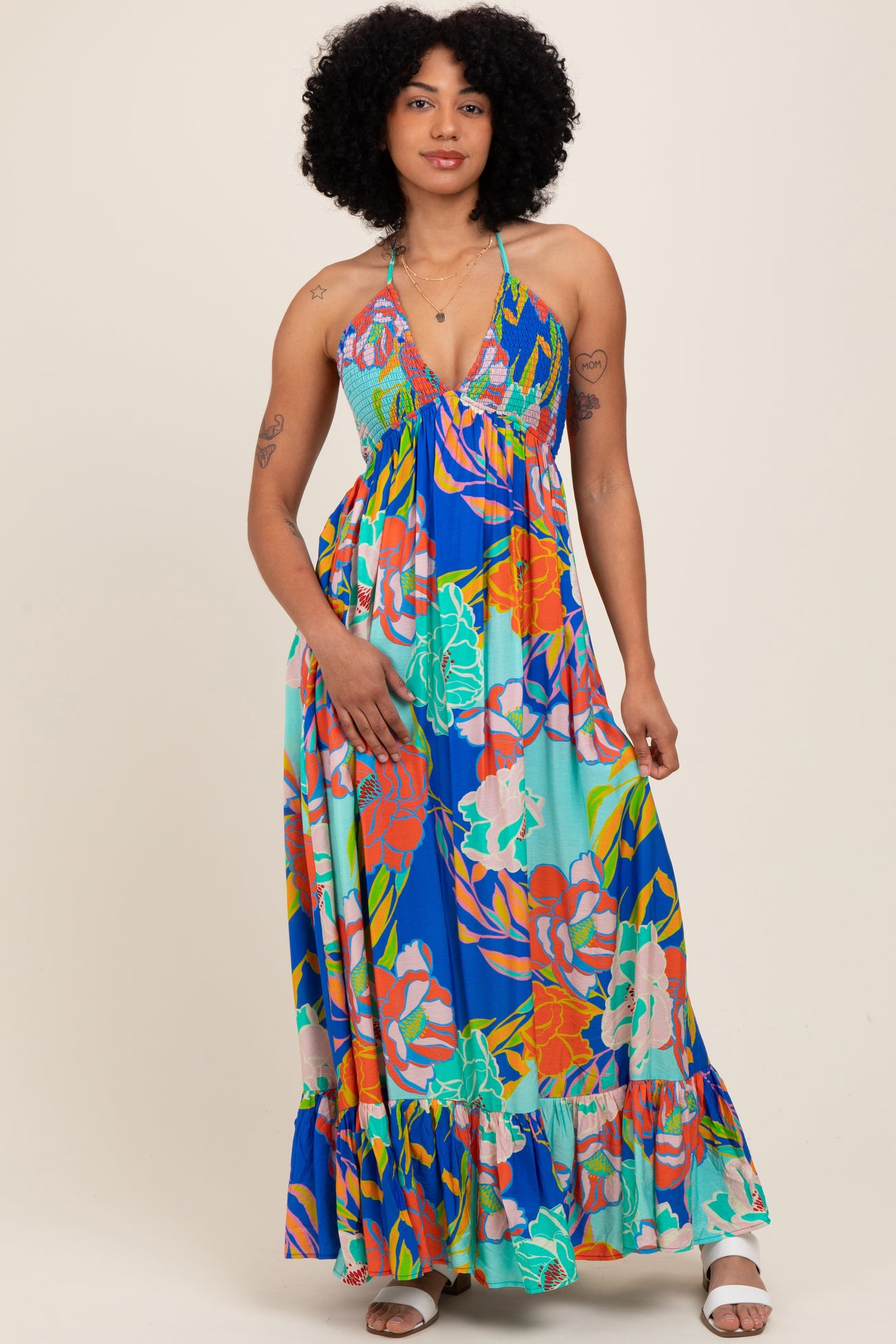 Royal Blue Floral Halter Cutout Tie Back Maternity Maxi Dress