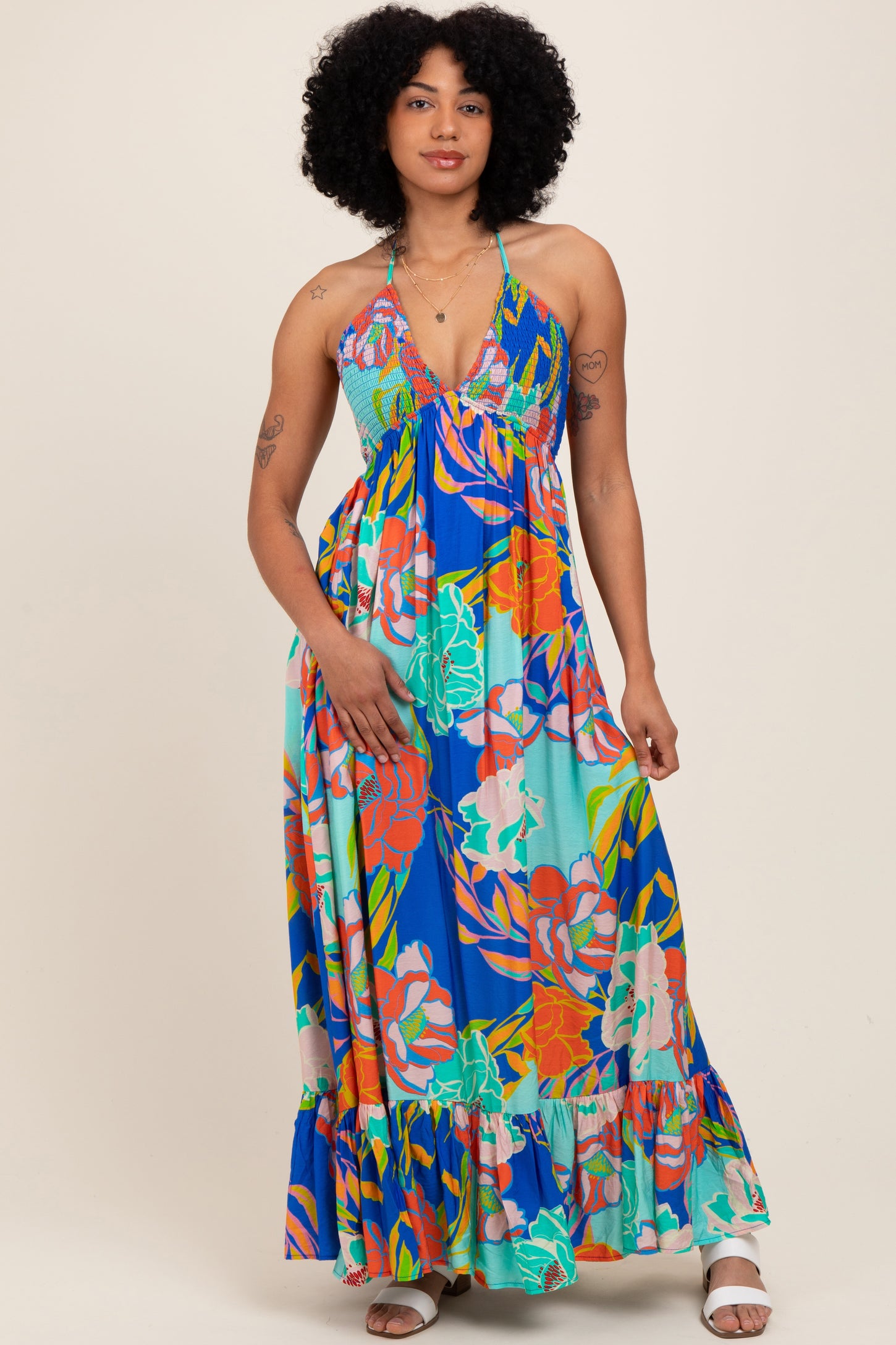 Royal Blue Floral Halter Cutout Tie Back Maternity Maxi Dress
