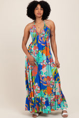 Royal Blue Floral Halter Cutout Tie Back Maternity Maxi Dress