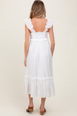 White Ruffle Strap Square Neck Maternity Midi Dress
