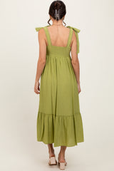 Light Olive Scallop Trim Shoulder Tie Midi Dress