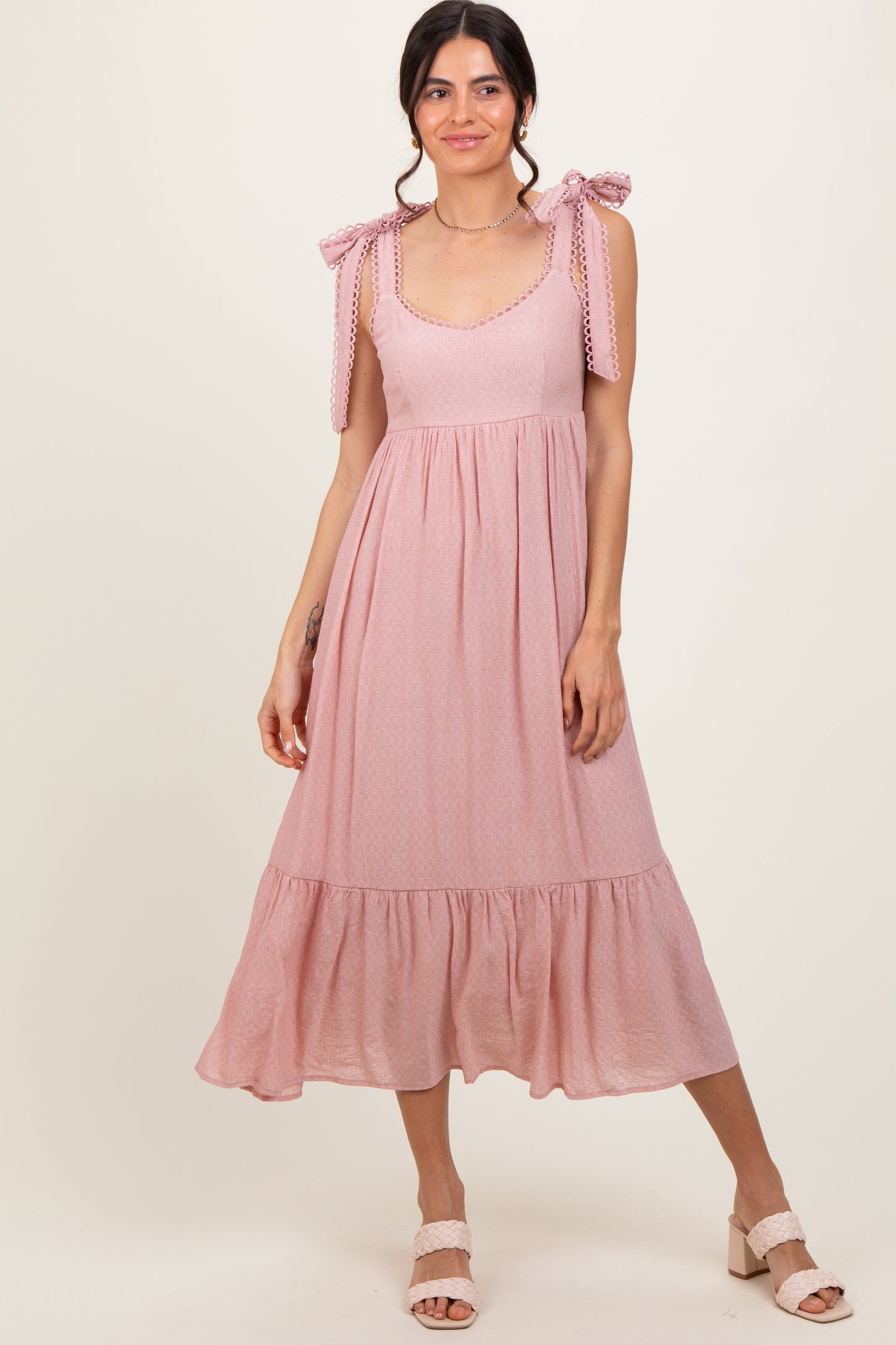 Light Pink Scallop Trim Shoulder Tie Midi Dress