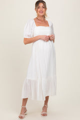 White Pleated Bodice Puff Sleeve Maternity Midi Dress