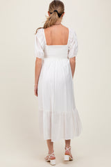 White Pleated Bodice Puff Sleeve Maternity Midi Dress