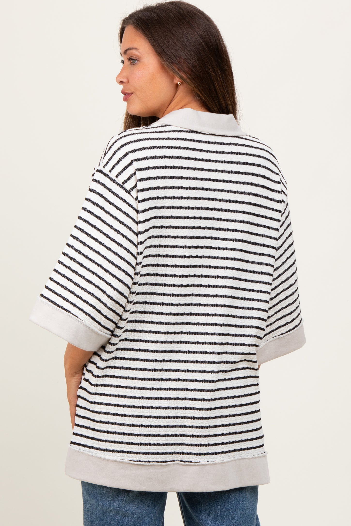Cream/Black Stripe Button Down Maternity Tunic Top