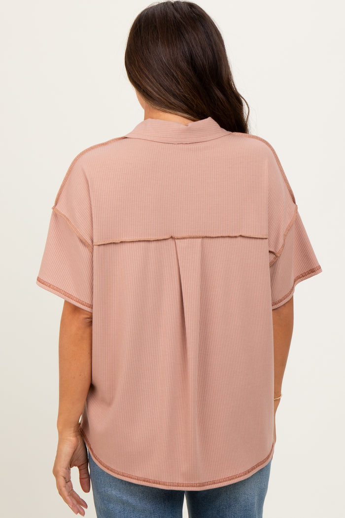 Beige Solid Ribbed Collar V-Neck Maternity Tunic Top