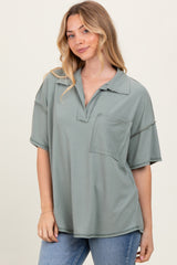 Olive Solid Ribbed Collar V-Neck Tunic Top