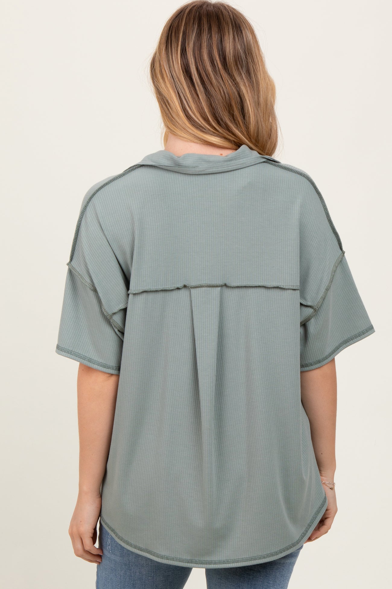 Olive Solid Ribbed Collar V-Neck Tunic Top