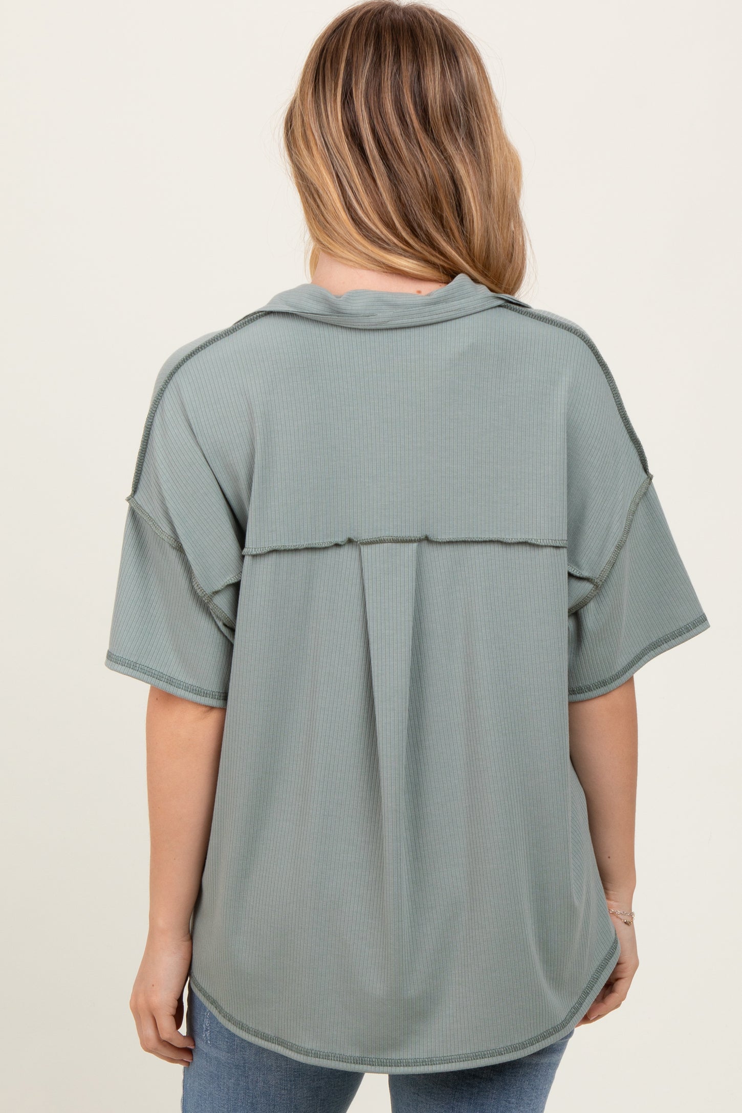 Olive Solid Ribbed Collar V-Neck Tunic Top