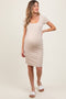 Beige Ribbed Knit Short Sleeve Maternity Dress