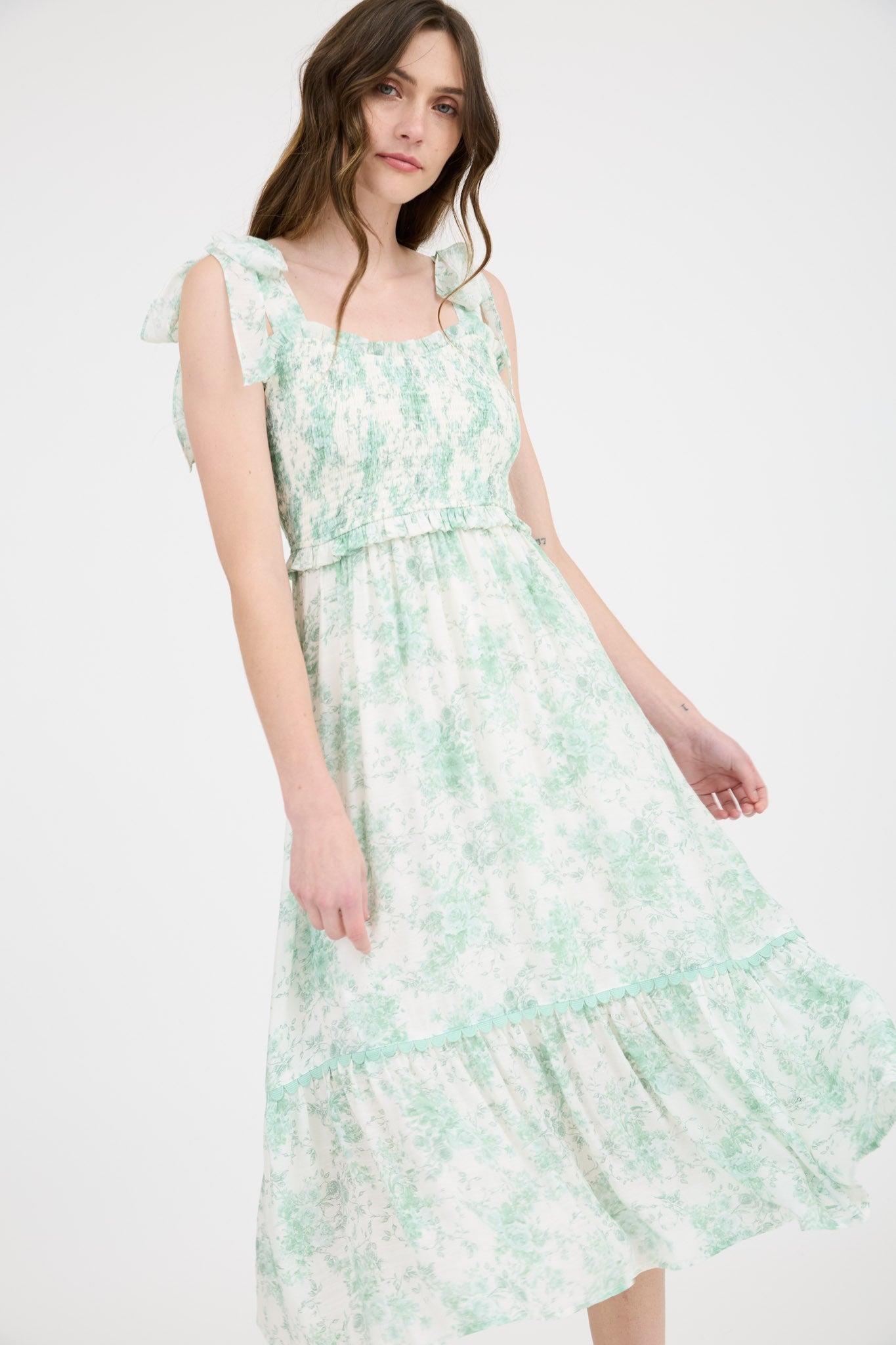 Mint Floral Smocked Shoulder Tie Midi Dress