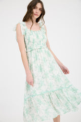 Mint Floral Smocked Shoulder Tie Midi Dress