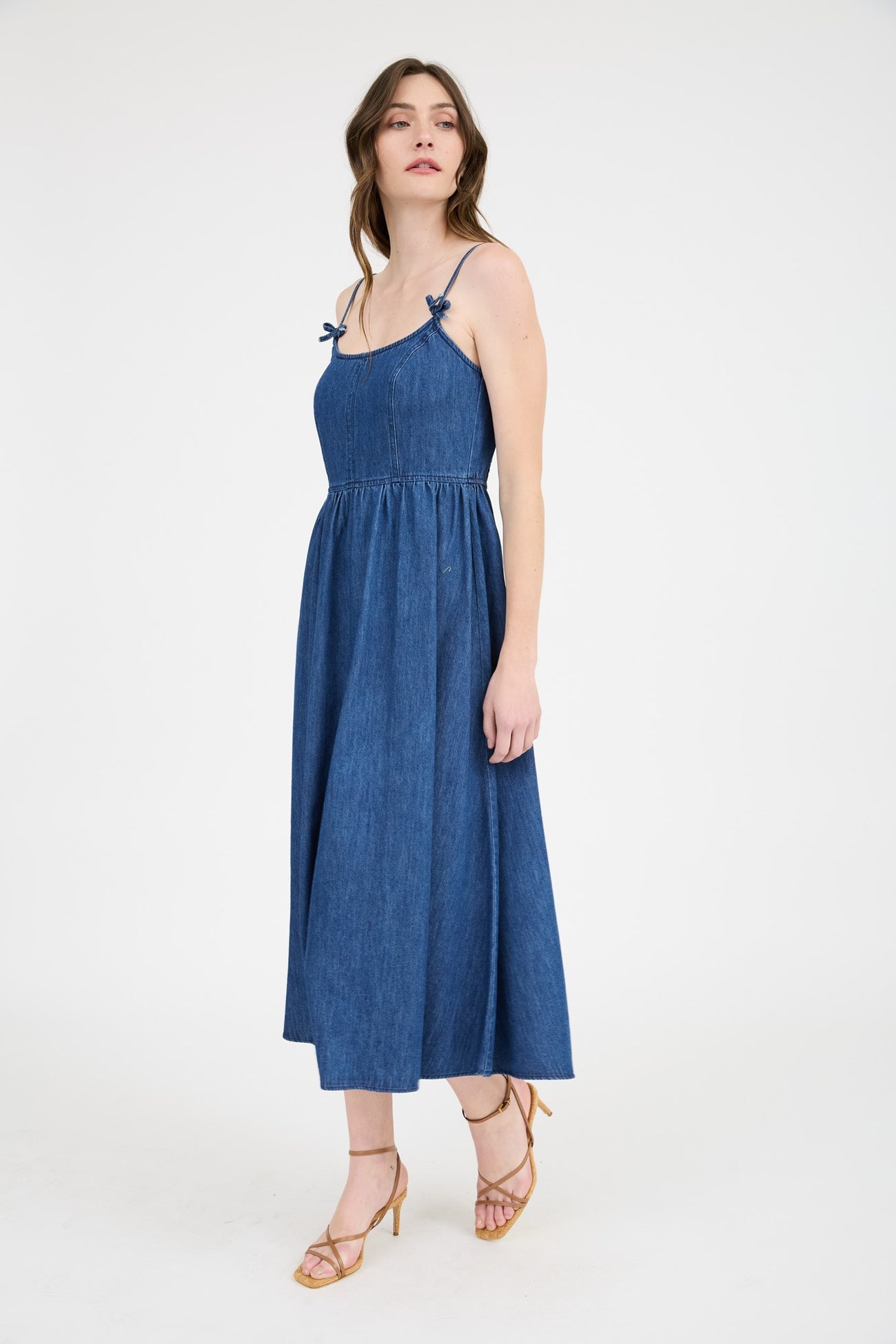 Navy Denim Sleeveless Bow Detail Midi Dress