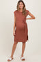 Light Rust Waffle Knit Sash Tie Short Sleeve Maternity Dress