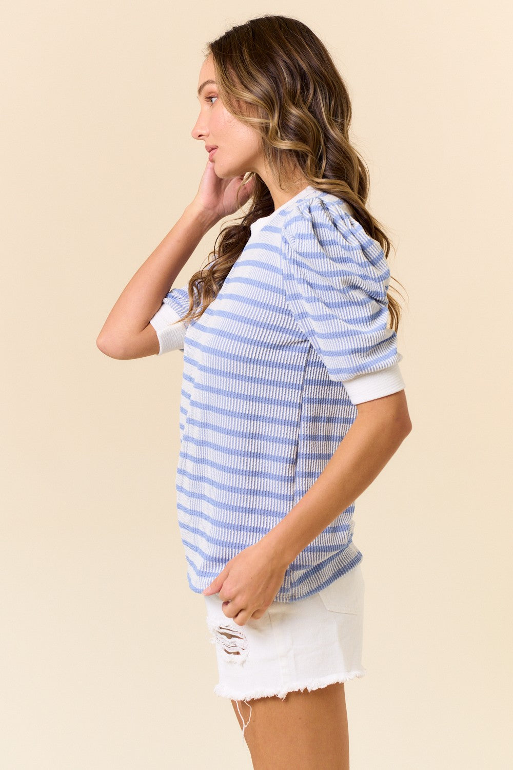 Blue Textured Stripe Puff Sleeve Top
