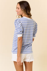 Blue Textured Stripe Puff Sleeve Top