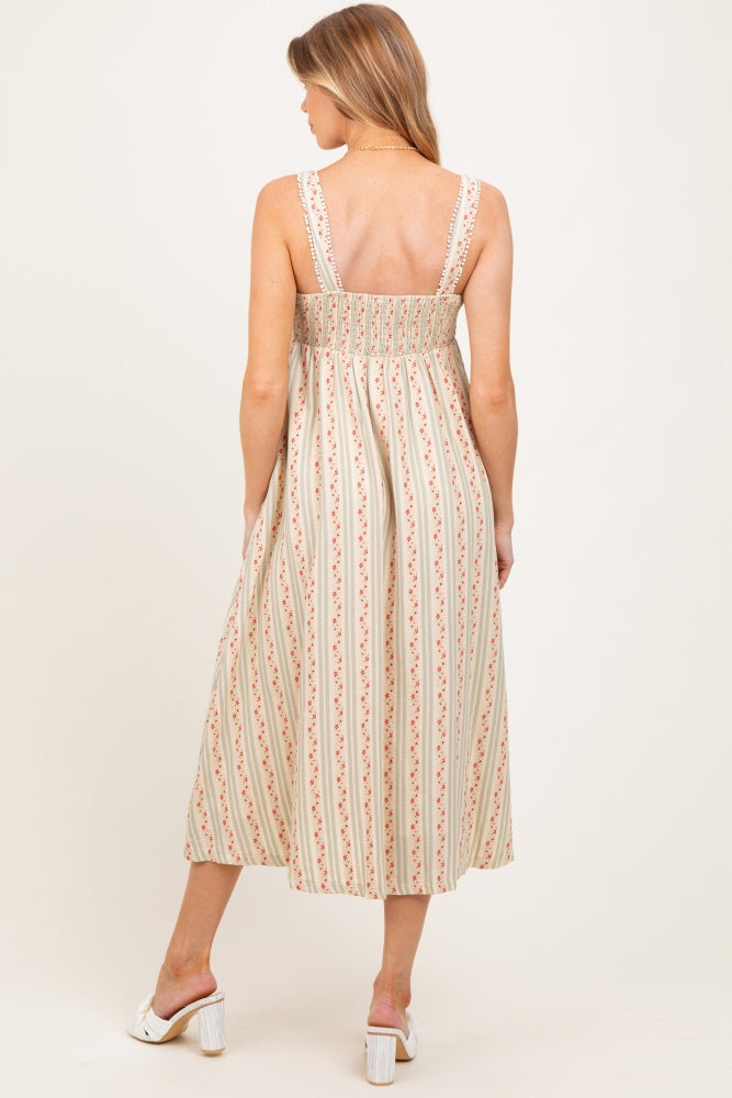 Light Olive Floral Embroidered Striped Maternity Midi Dress
