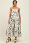 Cream Spaghetti Strap Printed A-Line Midi Dress