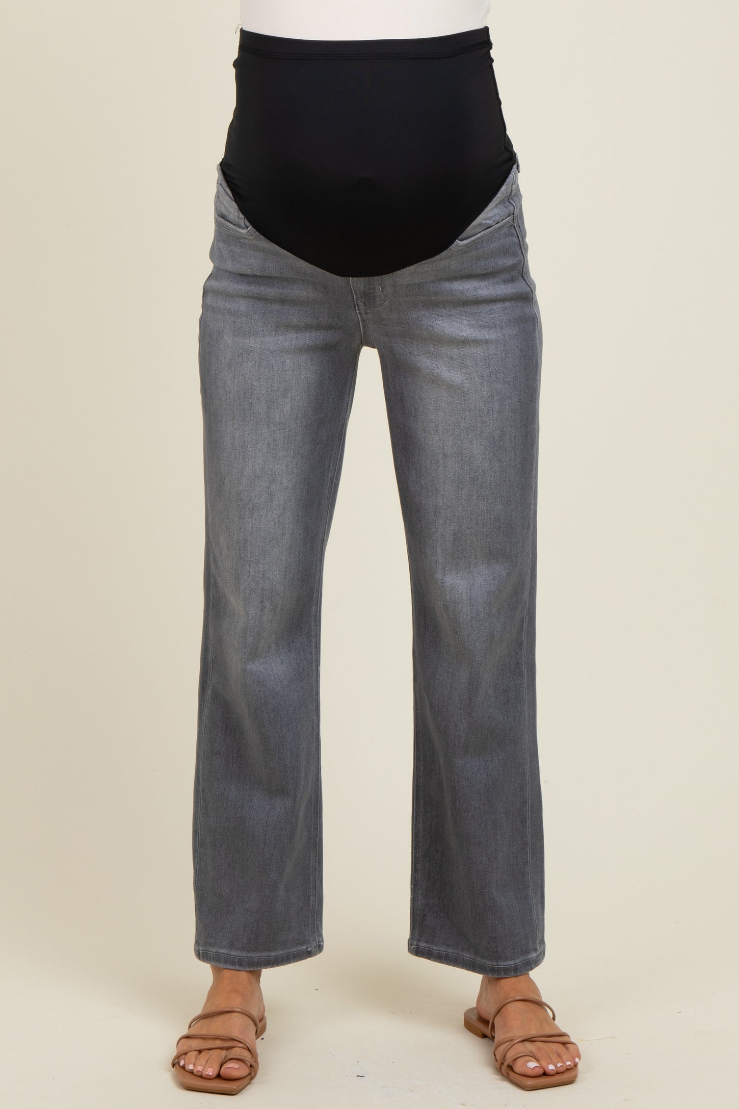 maternity wear high-waisted gray jeans with a stretchy black belly panel