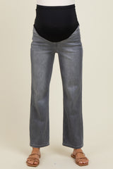 maternity wear high-waisted gray jeans with a stretchy black belly panel