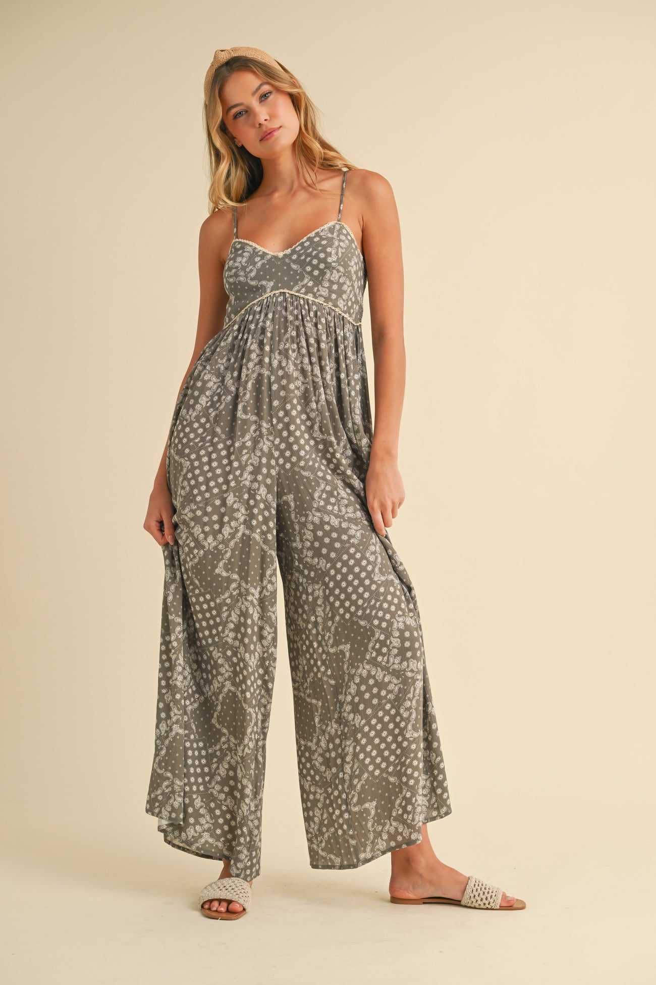 Olive Paisley Printed Wide Relaxed Fit Jumpsuit