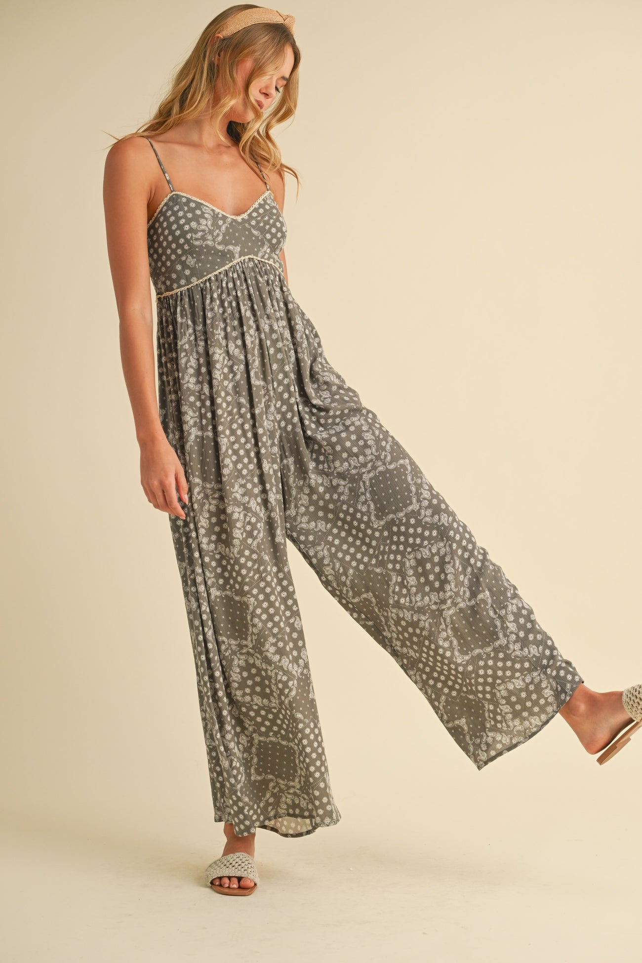 Olive Paisley Printed Wide Relaxed Fit Jumpsuit