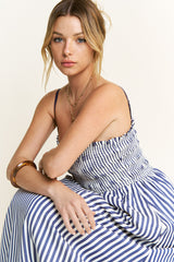 Navy Striped Sleeveless Smocked Poplin Maternity Maxi Dress