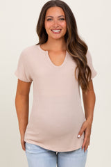 Beige Ribbed Notched Neckline Maternity Top