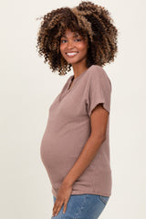 Mocha Ribbed Notched Neckline Maternity Top