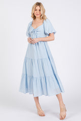 Light Blue Cinched Front Tie Puff Sleeve Maternity Midi Dress
