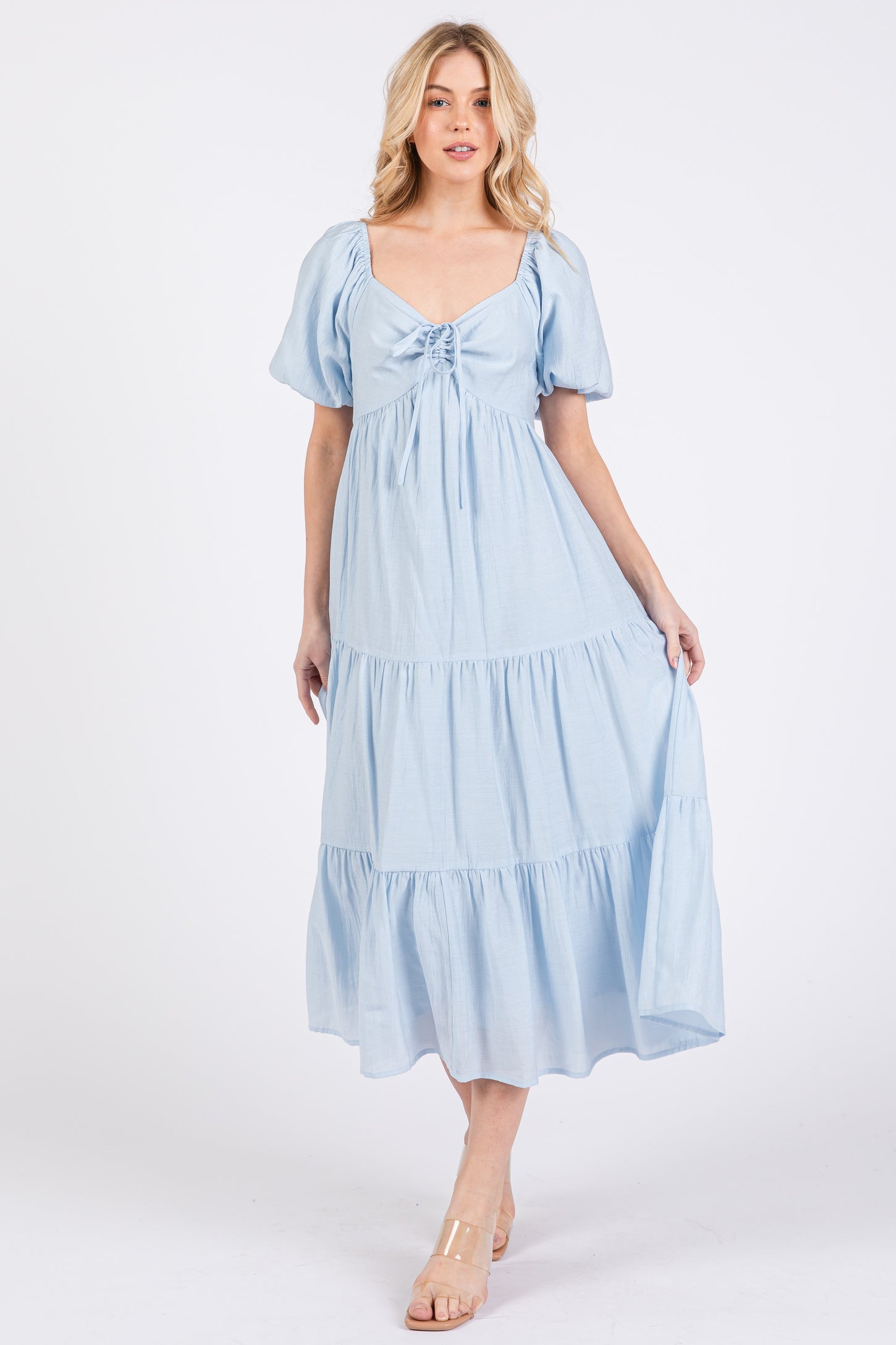 Light Blue Cinched Front Tie Puff Sleeve Midi Dress