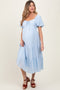 Light Blue Cinched Front Tie Puff Sleeve Maternity Midi Dress
