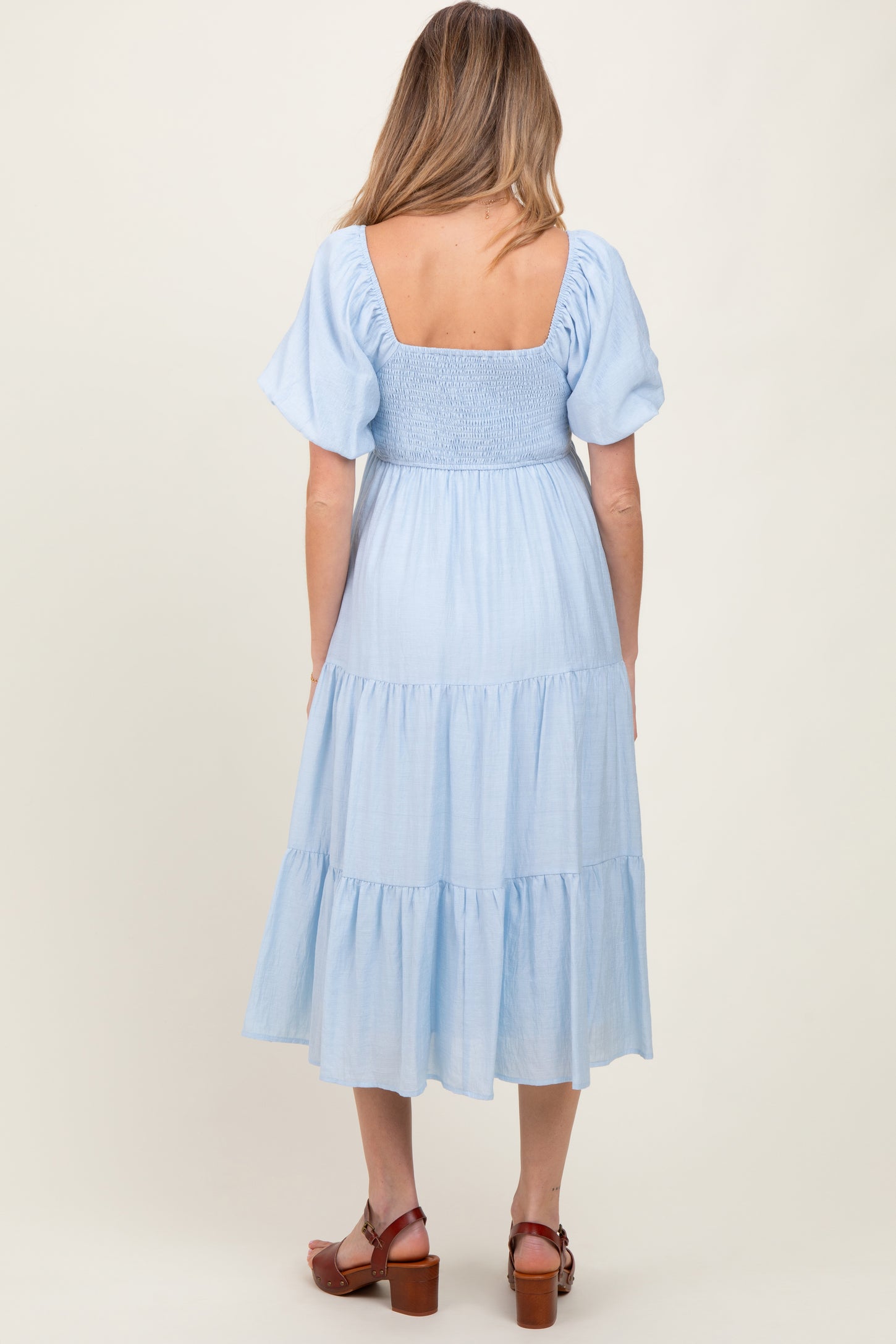 Light Blue Cinched Front Tie Puff Sleeve Maternity Midi Dress