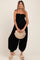 Black Smocked Button Front Shoulder Tie Maternity Jumpsuit