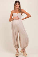Beige Smocked Button Front Shoulder Tie Maternity Jumpsuit