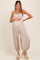 Beige Smocked Button Front Shoulder Tie Maternity Jumpsuit