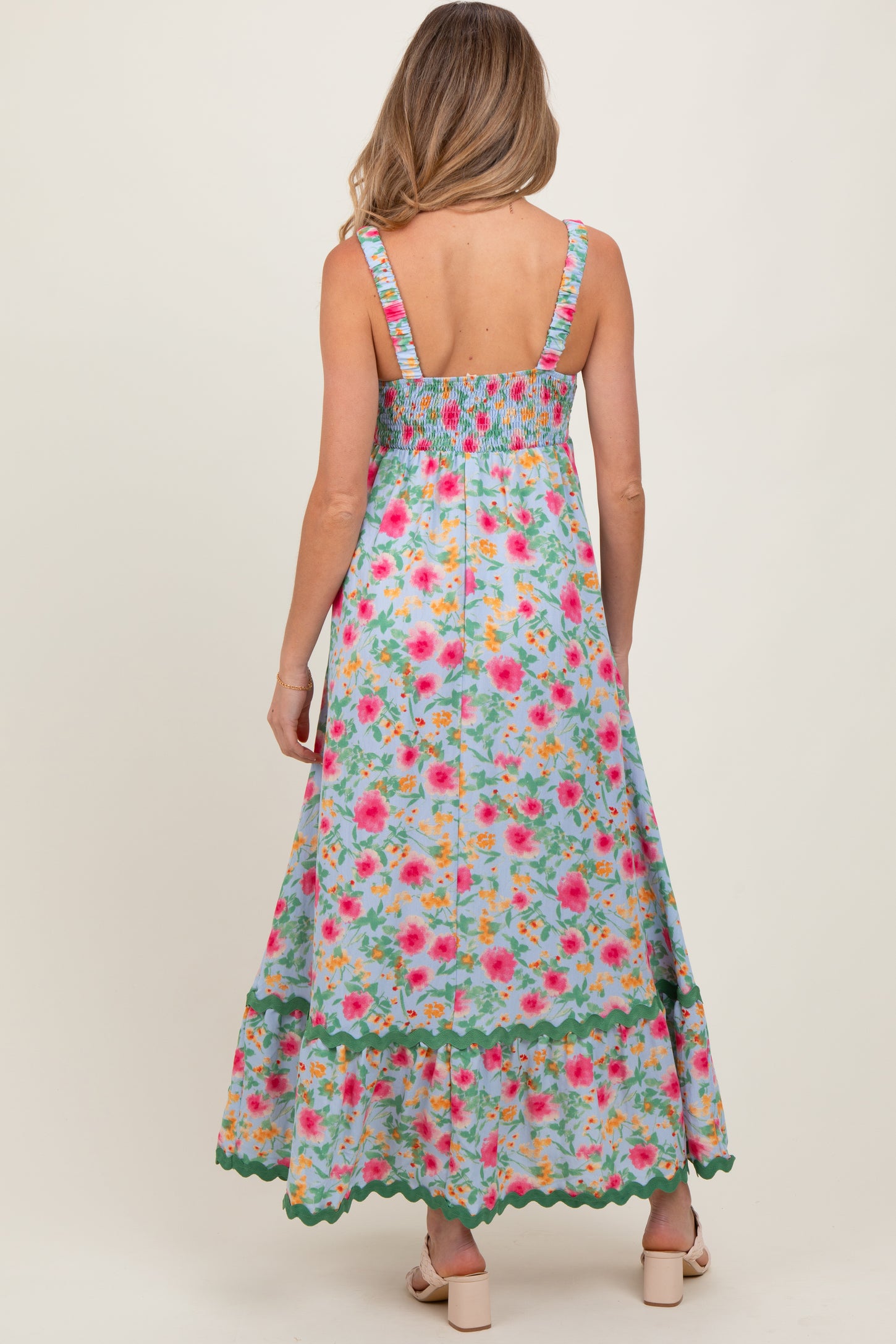 Blue Floral Contrast Wavy Trim Maternity Maxi Dress