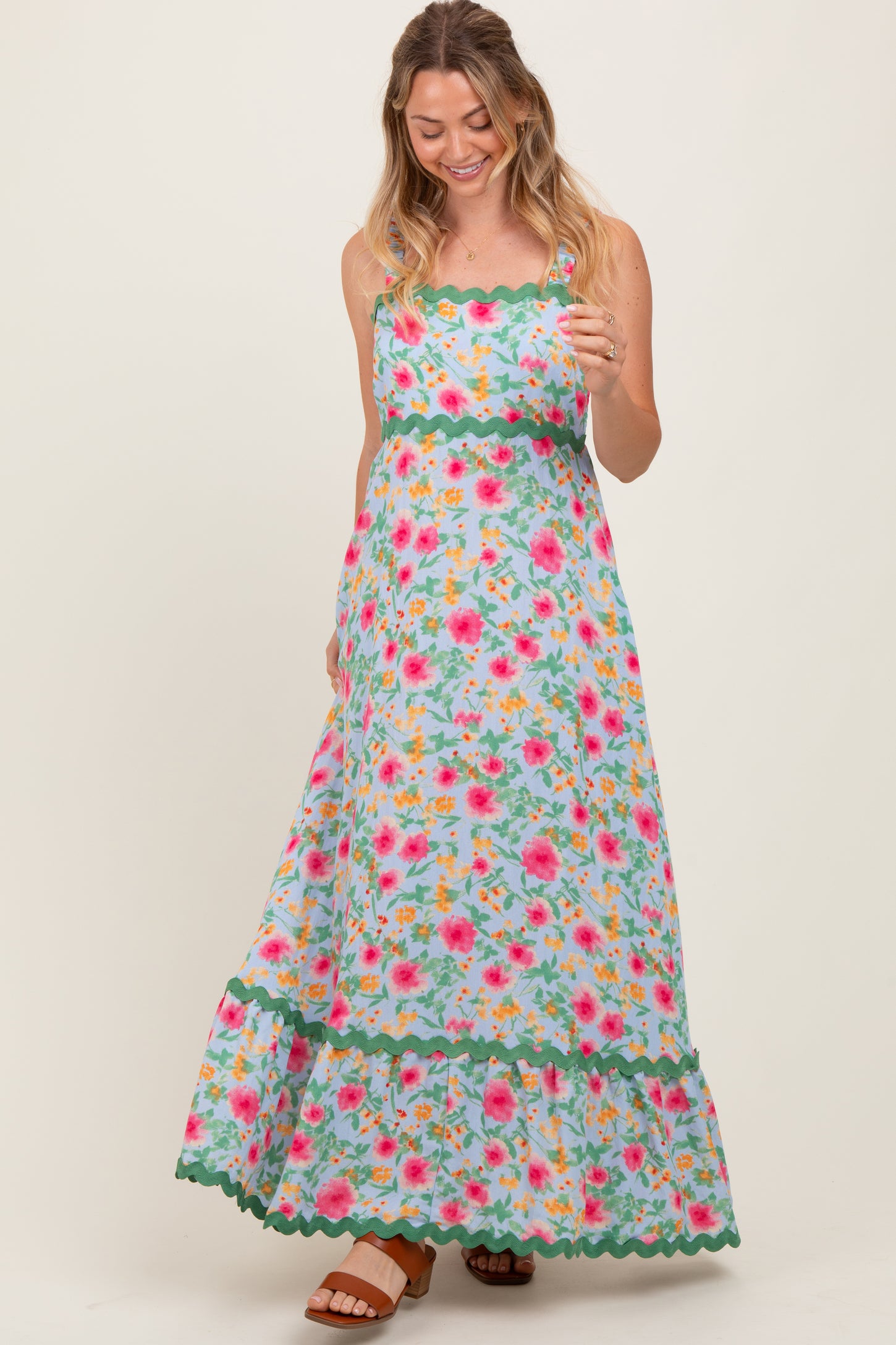 Blue Floral Contrast Wavy Trim Maxi Dress