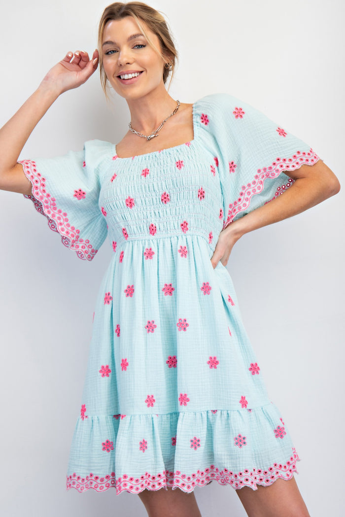 Blue Embroidered Detail Smocked Tie Back Maternity Dress