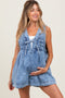 Blue Deep V-Neck Pleated Front Tie Sleeveless Maternity Romper