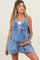 Blue Deep V-Neck Pleated Front Tie Sleeveless Maternity Romper