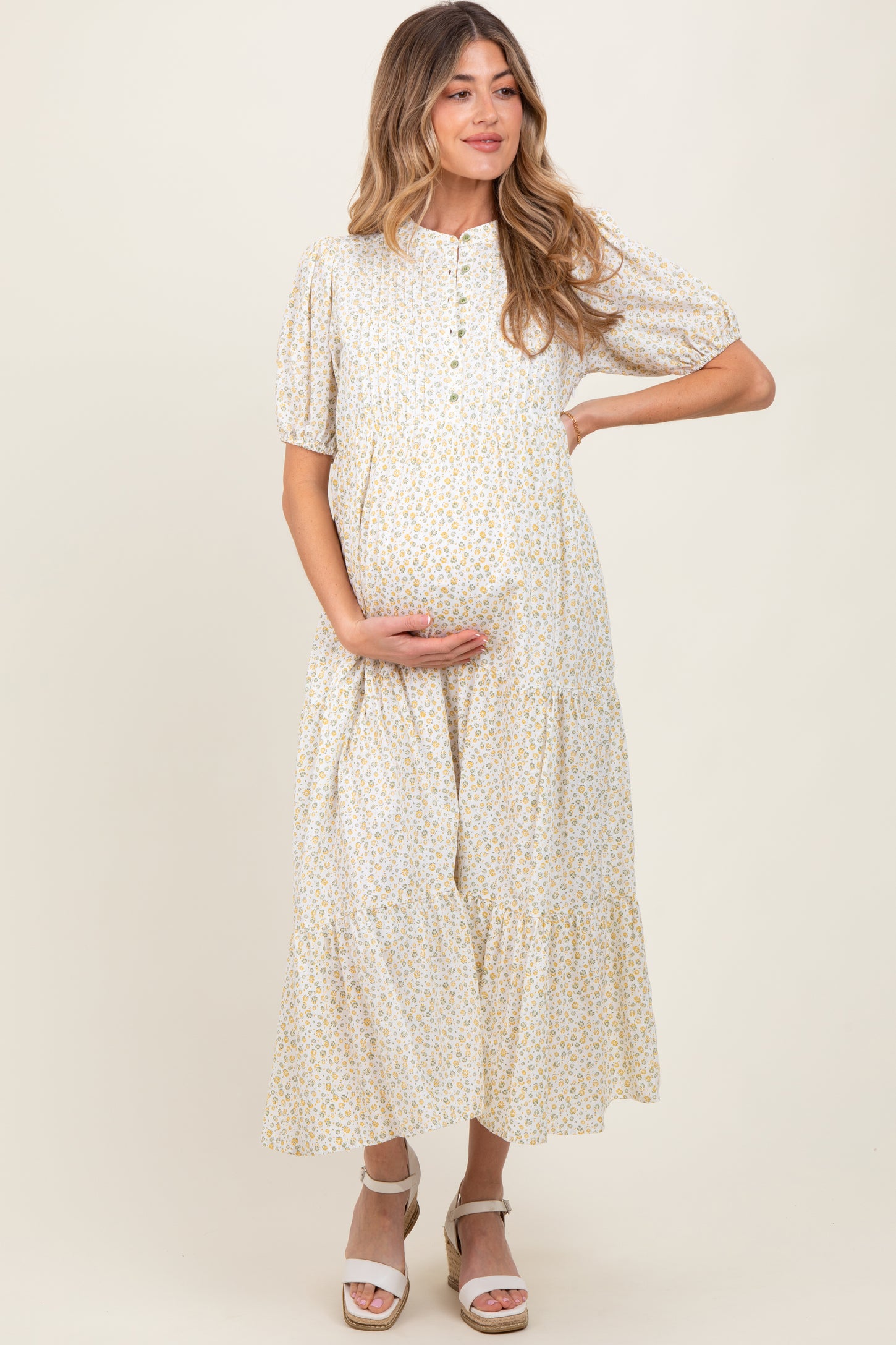 Green Iris Floral Button Maternity Maxi Dress