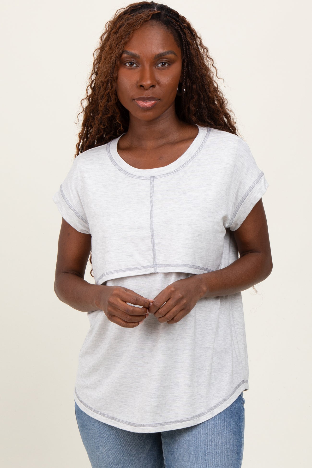 Heather Gray Double Layer Short Sleeve Maternity Nursing Top