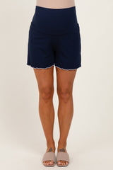 Navy Ribbed Maternity High Waisted Maternity Lounge Shorts