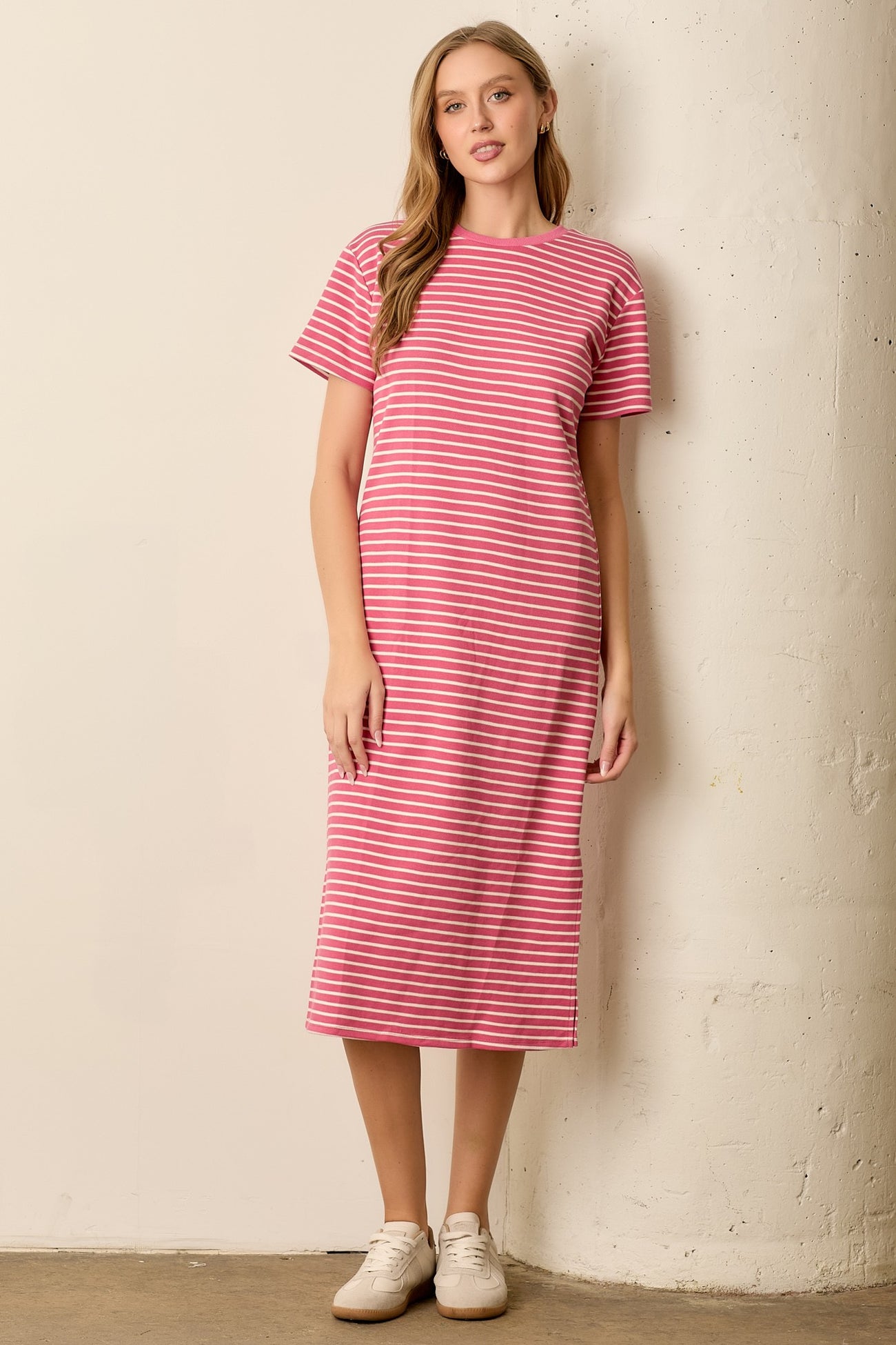 Pink Striped Short Sleeve T-Shirt Midi Dress