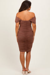 Mocha Mesh Ruched Off Shoulder Maternity Fitted Dress
