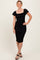 woman wearing a black fitted ruched midi dress with cap sleeves and a square neckline
