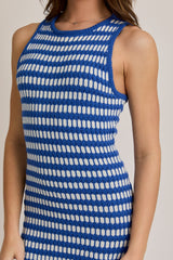 Blue-White Stripe Sleeveless Round Neck Knit Midi Dress