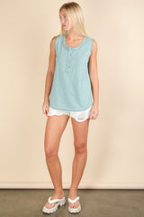 Light Blue Raw Hem Button Detail Sleeveless Top